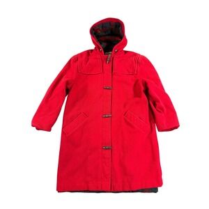 Vintage LL Bean Duffle Coat Womens Size Large Red Wool Toggle Hooded Plaid Lined